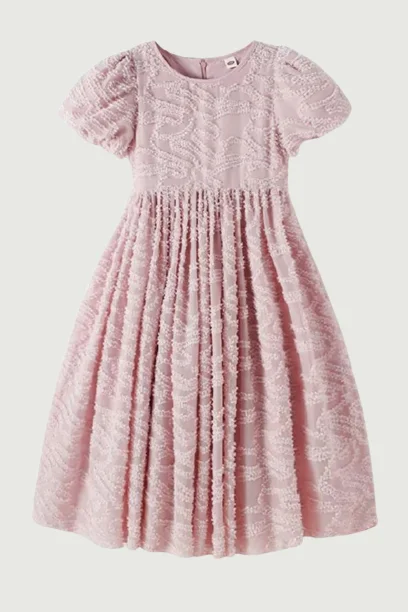 kids teen girls summer jacquard pattern dresses children girl puff sleeve princess dresses Stretchy unclassified dresses