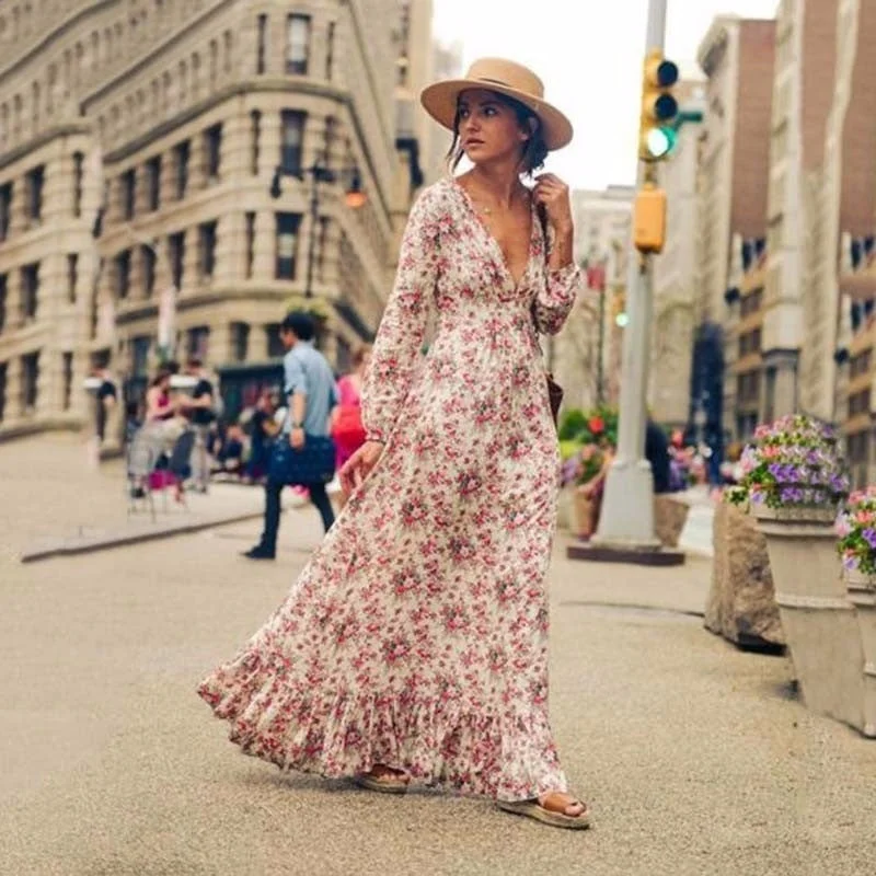 Lantern Sleeves and Flowy Hem Bohemian Maxi Dress Printed Long Skirt