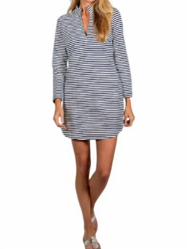 Long Sleeve Classic Tunic Dress In Navy/white Comfortable Long Skirt