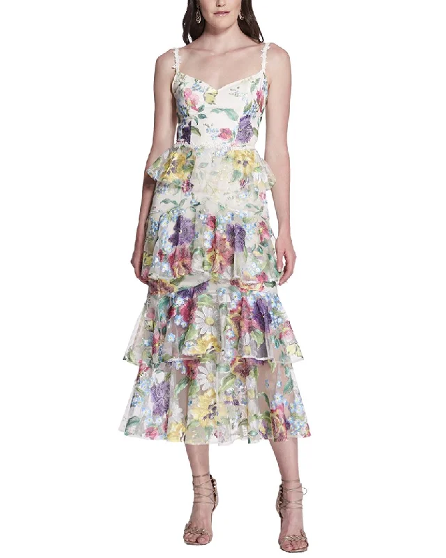 Marchesa Notte Tiered Embroidered Tea-Length Dress Short unclassified dresses