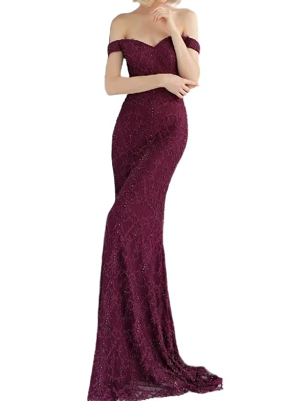 Off Shoulder Dress With Ruffled Bottom In Burgundy Trendy new unclassified dresses