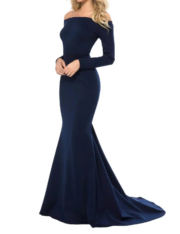 Off-The-Shoulder Long Sleeves Dress In Navy Skirt with Slits