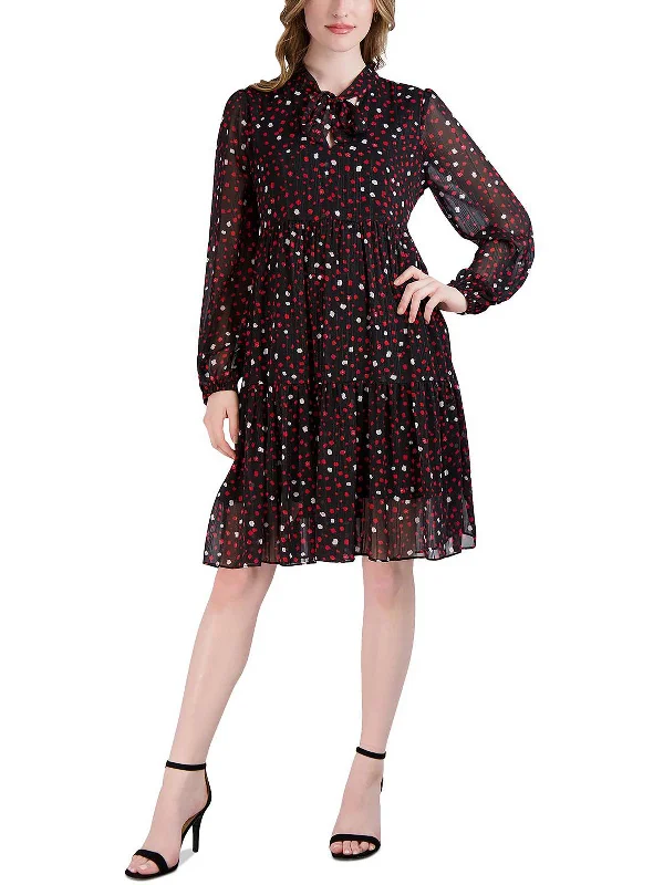 Petites Womens Chiffon Polka Dot Fit & Flare Dress Mesh unclassified dresses