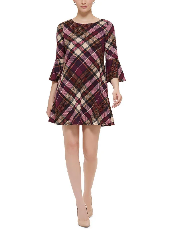 Petites Womens Plaid Bell Sleeves Shift Dress Cotton unclassified dresses