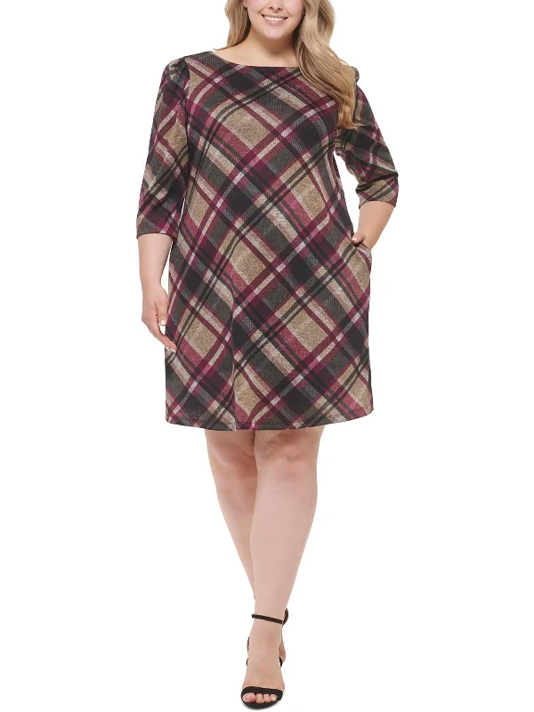 Plus Womens Knit Plaid Shift Dress Color block unclassified dresses