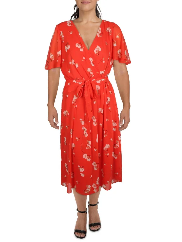 Plus Womens V-Neck Tea Wrap Dress Beach unclassified dresses