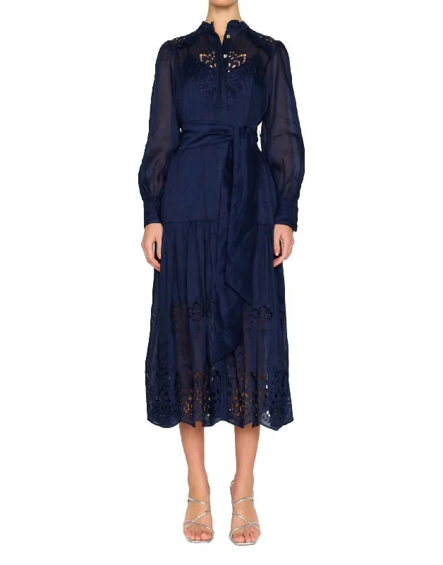 Raya Long Sleeve Midi Dress In Navy Long Boho Skirt