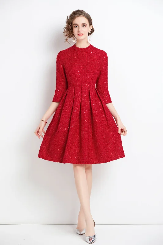 Red Office Classic A-line Crewneck Elbow Sleeve Knee Dress Smocked unclassified dresses