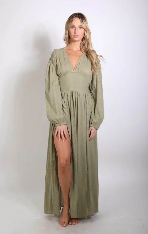 Rusty USA Siloh Textured Slit Dress OLIVE Ruffled unclassified dresses