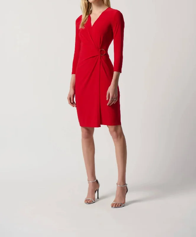 Silky Knit Wrap Dress With O-Ring In Red Stretchy unclassified dresses