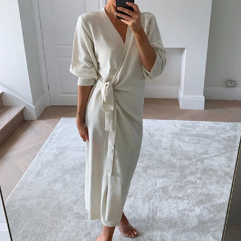 Solid White Kimono Style Tied Waist Long Sleeve Wrap Maxi Knit Dress Button-up Maxi Skirt