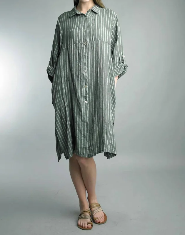 Stripe Button Down Dress in Olive/White Silk unclassified dresses