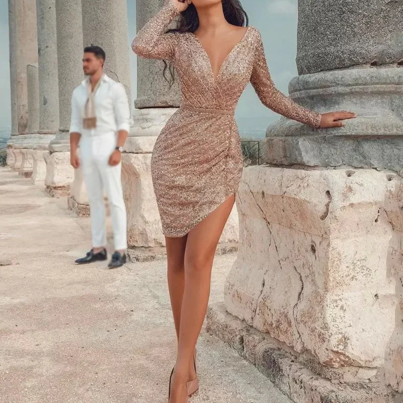 Sultry Deep V-neck Long Sleeve Bodycon Pencil Dress Summer Beach Maxi