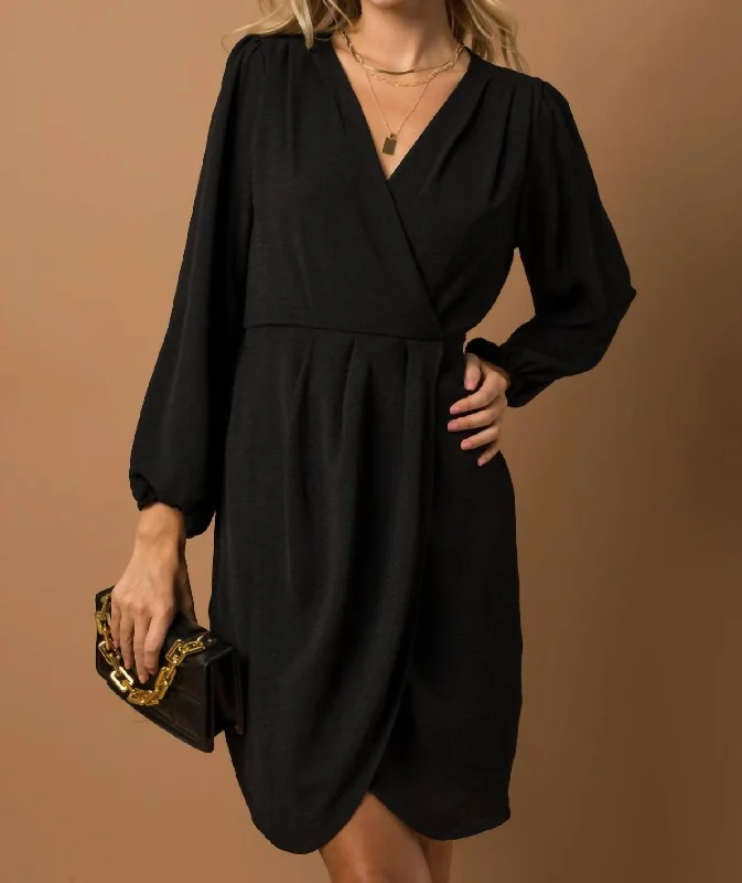 Surplice Wrap Pleated Dress In Black Plus size unclassified dresses