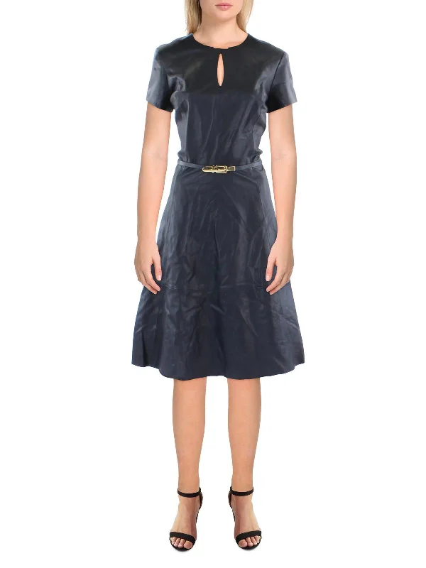 Womens Leather Knee-Length Fit & Flare Dress Preppy unclassified dresses