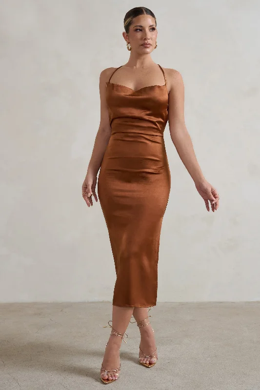 Aja | Copper Cowl Cami Midi Dress With Waist Tie Soft A-line Skirt