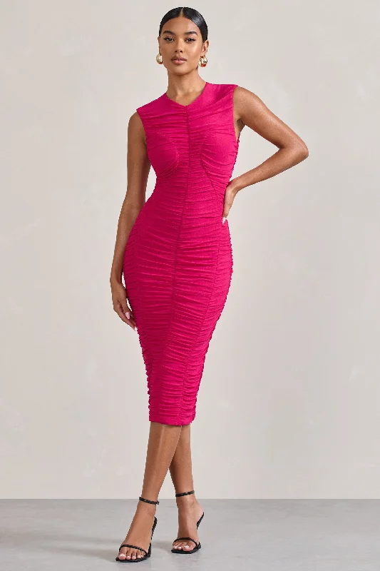 Alight | Fuchsia Pink Ruched Mesh Sleeveless Bodycon Midi Dress Elegant Midi Dress