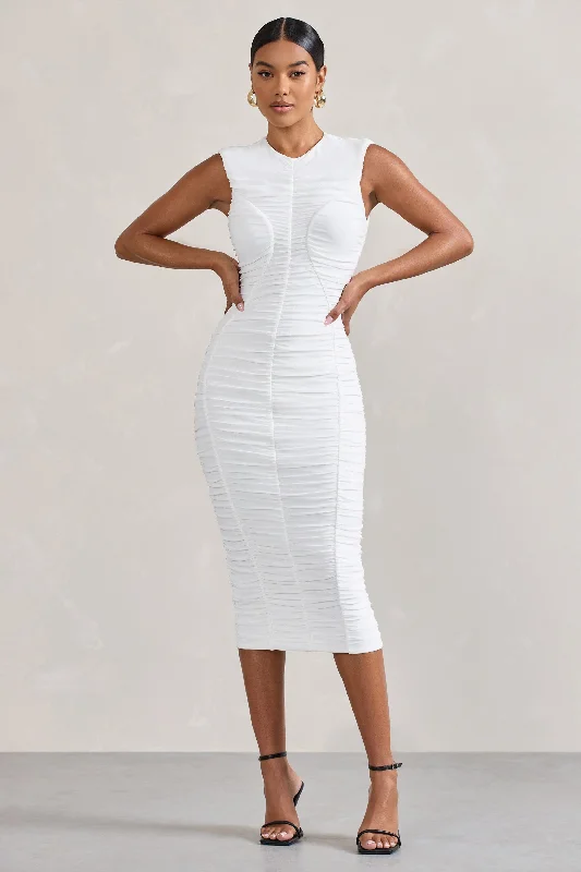 Alight  | White Ruched Mesh Sleeveless Bodycon Midi Dress Elegant Midi Skirt