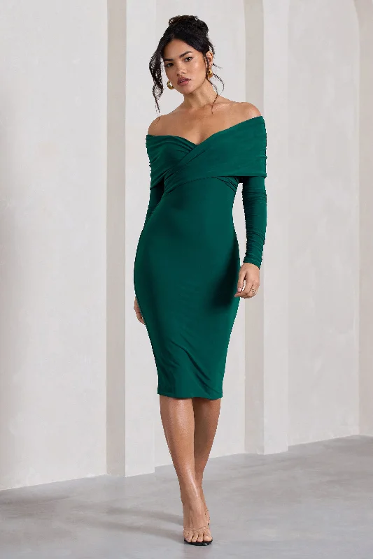 Flatter Me | Bottle Green Twist Front Bardot Midi Dress Trendy Midi Skirt