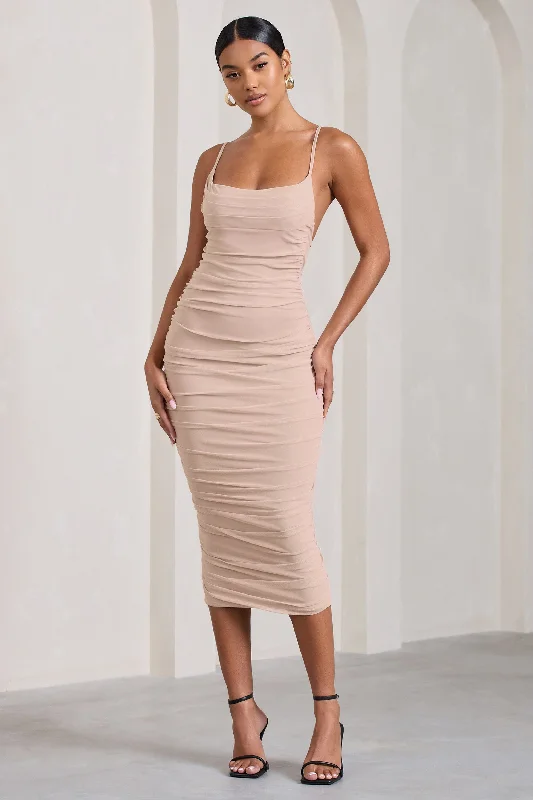 Bree | Nude Ruched Mesh Strappy Bodycon Midi Dress Flared Midi Skirt