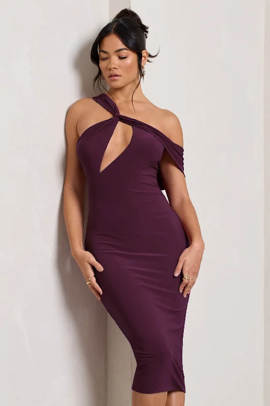 Ella | Plum Asymmetric Neck Cut Out Midi Dress Elegant Satin Skirt