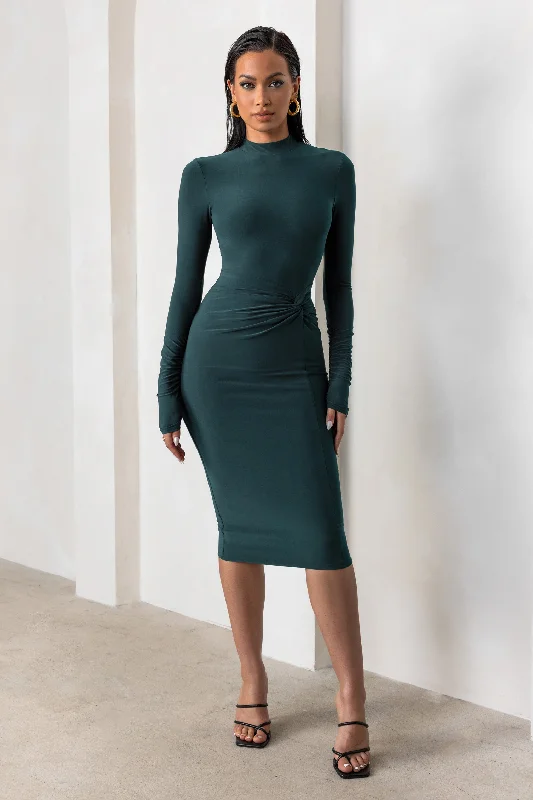 Endless Shapes | Bottle Green High Neck Long Sleeves Midi Dress With Skirt Twist Detail Satin Midi Skirt