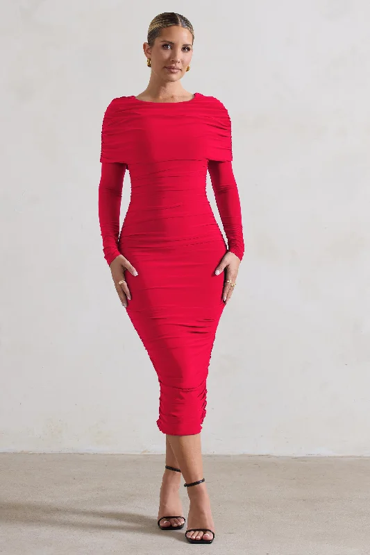 Lea | Red Long Sleeve Ruched Midi Dress With Draped Bardot Overlay Midi Skirt Blouse