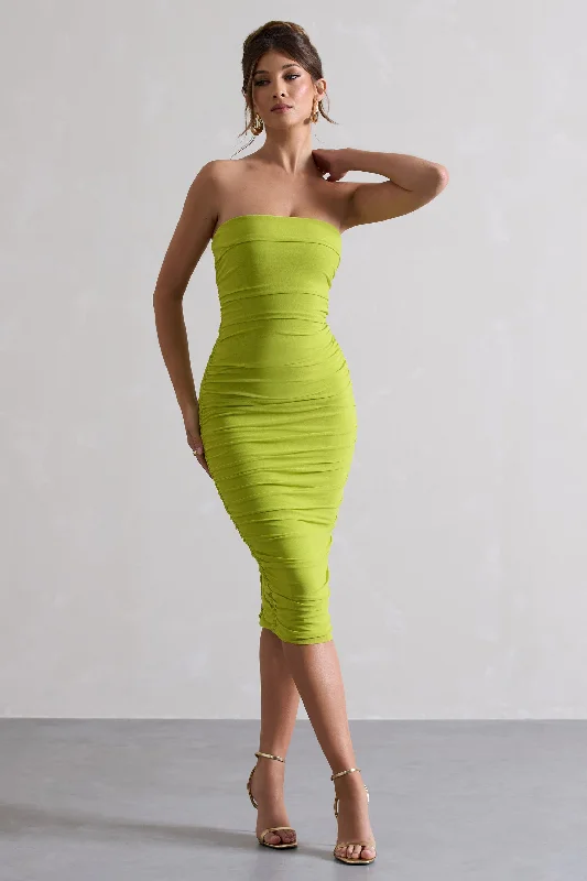 My Girl | Green Strapless Bodycon Ruched Mesh Midi Dress Casual Midi Look