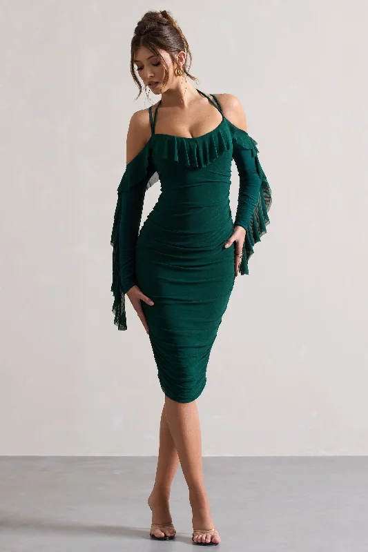 Quinn | Bottle Green Ruched Strappy Long-Sleeved Midi Dress With Ruffles Skater Midi Skirt