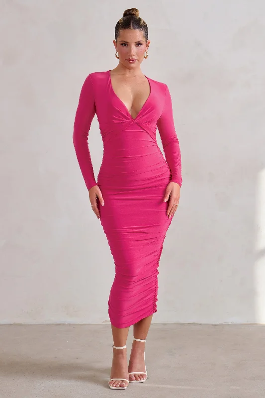 Renee | Hot Pink Plunge Twist Neckline Long Sleeve Ruched Midi Dress Classic Midi Skirt