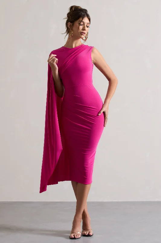 Reveal | Dark Pink One-Sleeve Cape Midi Dress Printed Satin Midi