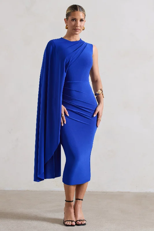 Reveal | Royal Blue One-Sleeve Cape Midi Dress Tulle A-line Skirt