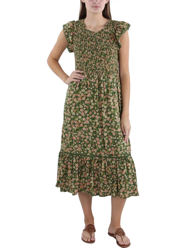 Womens Floral Print Mid Calf Midi Dress Pleated Floral Midi