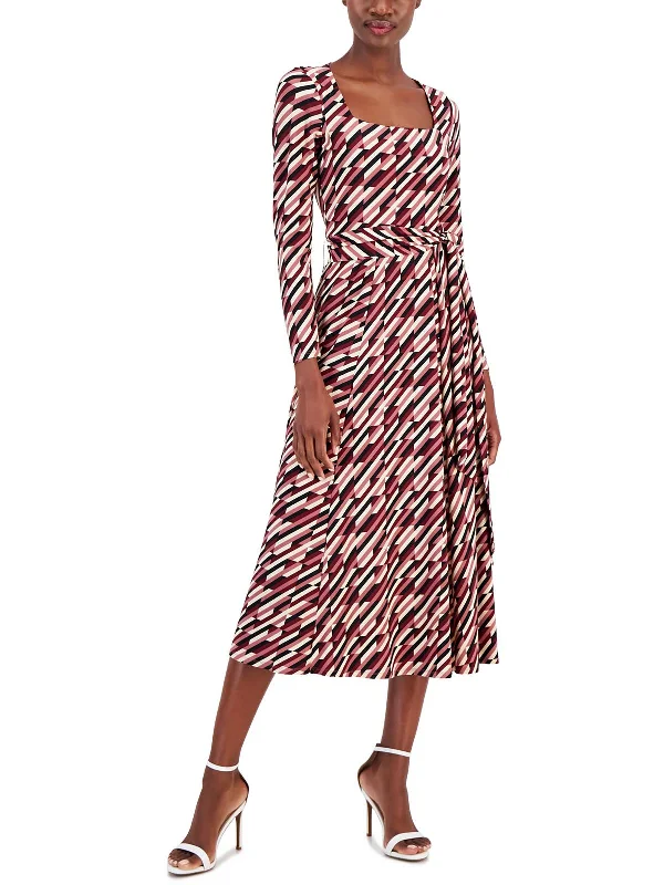 Womens Printed Square Neck Midi Dress Casual A-line Skirt